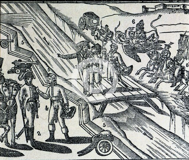 Ferdinand VII, King of Spain. (1784 - 1833), crossing the river Fluvià between French and Spanish…