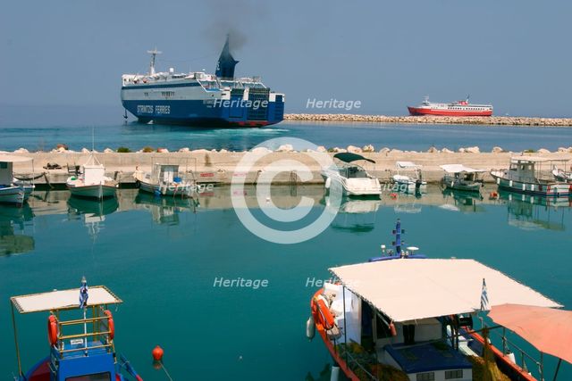 Ferry departing from the harbour of Poros, Kefalonia, Greece. Creator: Peter Thompson.