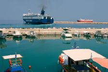 Ferry departing from the harbour of Poros, Kefalonia, Greece. Creator: Peter Thompson