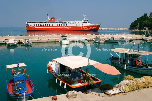 Ferry entering the harbour of Poros, Kefalonia, Greece. Creator: Peter Thompson.