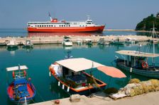 Ferry entering the harbour of Poros, Kefalonia, Greece. Creator: Peter Thompson