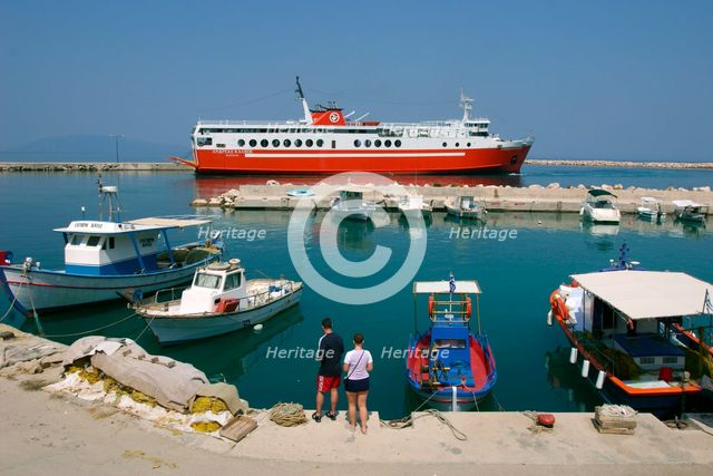 Ferry in the harbour of Poros, Kefalonia, Greece. Creator: Peter Thompson.