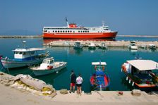 Ferry in the harbour of Poros, Kefalonia, Greece. Creator: Peter Thompson