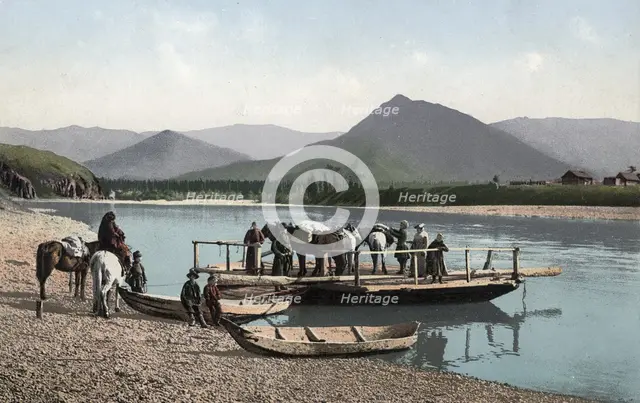 Ferry on the Katun River near the Village of Nizhny Uymon, 1911-1913. Creator: Sergei Ivanovich Borisov.