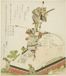 Festival float of Tsutsui Jomyo fighting Ichirai Hoshi on the Uji Bridge, Japan, 1820. Creator: Hokusai