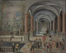 Festive Gathering and Figures from a Commedia dell'Arte in a Gallery, 1634. Creator: Monogrammist DB