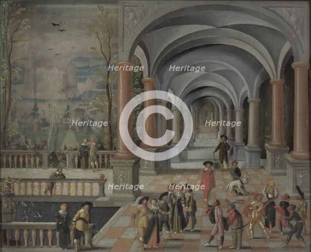 Festive Gathering and Figures from a Commedia dell'Arte in a Gallery, 1634. Creator: Monogrammist DB.