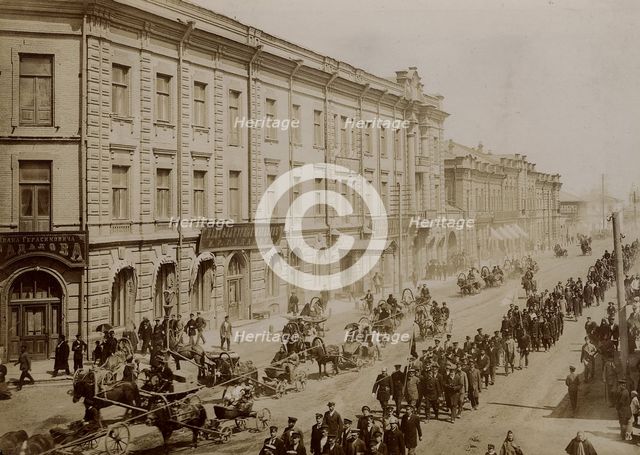 Festive procession of firefighters along Bolshaya Street in Krasnoyarsk, 1902. Creator: Unknown.