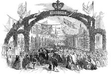 Festivities at Chippenham - the High-Street, from the Bridge - Arrival of Mr. Neeld, M.P., 1850. Creator: Unknown