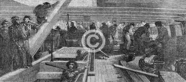 Fitting out "The Caesar", between decks, at Portsmouth, 1854. Creator: Unknown.
