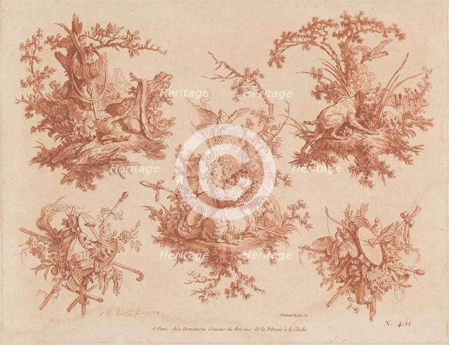 Five Trophies with Themes of Hunting, Love, and Folly, 1774. Creators: Gilles Demarteau, Jean Baptiste Marie Huet.