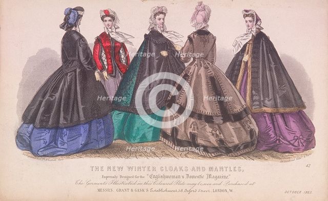 Five women wearing the latest winter fashions, 1863. Artist: Anon