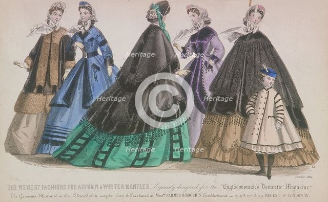 Five women and a child wearing the latest autumn and winter fashions, 1864. Artist: Anon