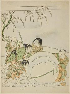 Five Young Boys Rolling a Large Snowball, c. 1772. Creator: Isoda Koryusai