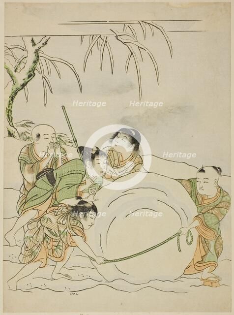 Five Young Boys Rolling a Large Snowball, c. 1772. Creator: Isoda Koryusai.