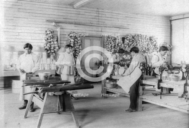 Five boys making tin utensils, Carlisle Indian School, Carlisle, Pennsylvania, 1901. Creator: Frances Benjamin Johnston.