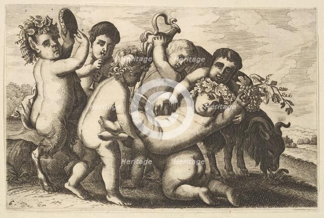 Five boys, two satyrs, and a goat (copy), 17th century. Creator: Wenceslaus Hollar.