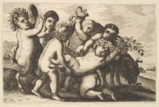 Five boys, two satyrs, and a goat (copy), 17th century. Creator: Wenceslaus Hollar
