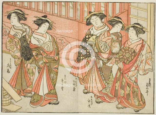 Five Courtesans of Various Houses, from the book "Mirror of Beautiful Women of the Pleasure..., 1776 Creator: Shunsho.
