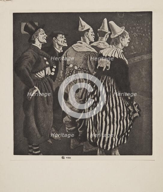 Five Clowns, pub. 1926. Creator: Laura Knight (1877 - 1970).