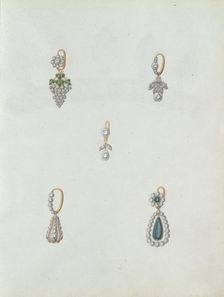 Five designs of earrings, one of which is with a grapes, c.1800-c.1810. Creator: Carl Friedrich Bärthel