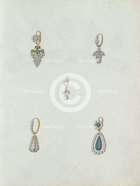 Five designs of earrings, one of which is with a grapes, c.1800-c.1810. Creator: Carl Friedrich Bärthel.