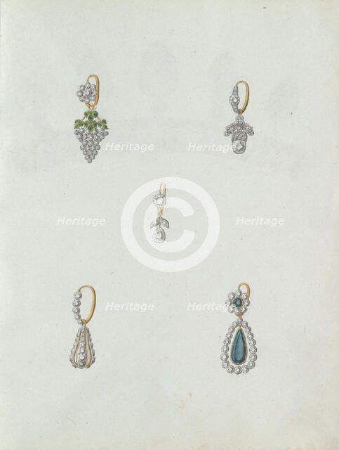 Five designs of earrings, one of which is with a grapes, c.1800-c.1810. Creator: Carl Friedrich Bärthel.