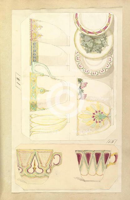 Five Designs for Decorated Cups and Three Designs for Saucers, 1845-55. Creator: Alfred Crowquill.