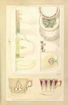 Five Designs for Decorated Cups and Three Designs for Saucers, 1845-55. Creator: Alfred Crowquill