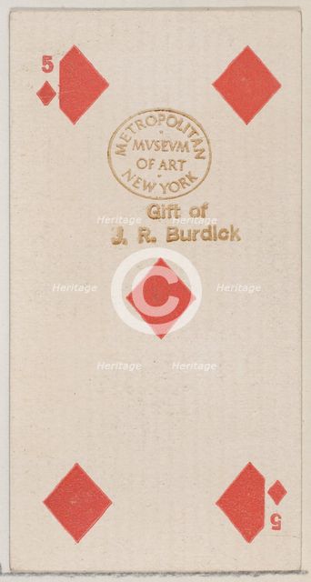 Five Diamonds (red), from the Playing Cards series (N84) for Duke brand cigarettes, 1888., 1888. Creator: Unknown.