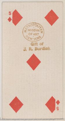 Five Diamonds (red), from the Playing Cards series (N84) for Duke brand cigarettes, 1888., 1888. Creator: Unknown