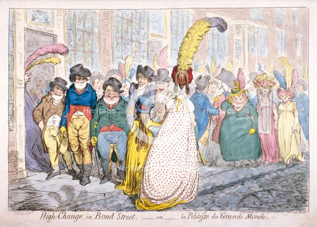 Five fashionably dressed men advance along Old Bond Street, Westminster, London, 1796. Artist: James Gillray