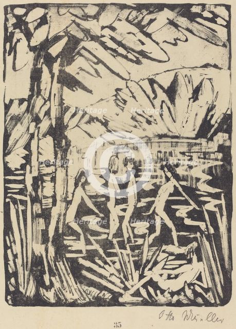Five Girls at a Forest Pond (Funf Madchen am Waldteich), c. 1919. Creator: Otto Mueller.