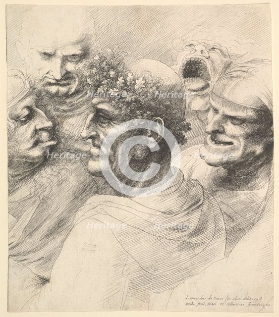 Five grotesque heads, including an elderly man with an oak leaf wreath, 1646. Creator: Wenceslaus Hollar.