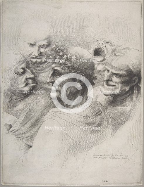 Five grotesque heads, including an elderly man with an oak leaf wreath, 1646., 1646. Creator: Wenceslaus Hollar.