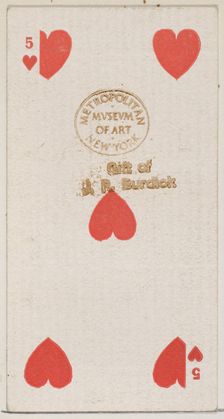 Five Hearts (red), from the Playing Cards series (N84) for Duke brand cigarettes, 1888., 1888. Creator: Unknown