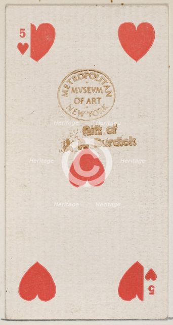Five Hearts (red), from the Playing Cards series (N84) for Duke brand cigarettes, 1888., 1888. Creator: Unknown.