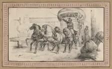 Five horses pulling a carriage with passengers, mid-19th century. Creator: Victor Adam