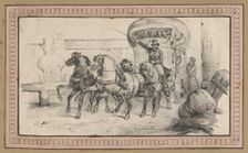 Five horses pulling a carriage with passengers, mid-19th century. Creator: Victor Adam