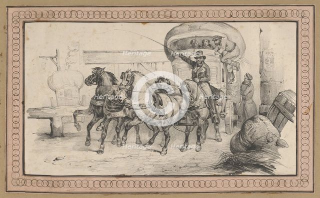 Five horses pulling a carriage with passengers, mid-19th century. Creator: Victor Adam.