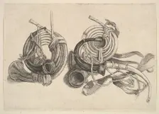 Five hunting horns, 1625-77. Creator: Wenceslaus Hollar