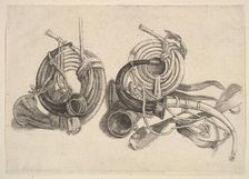 Five hunting horns, 1625-77. Creator: Wenceslaus Hollar
