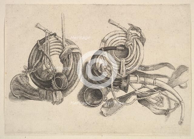 Five hunting horns, 1625-77. Creator: Wenceslaus Hollar.