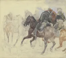 Five hussars on horseback, late 19th century. Creator: Wilhelm Altheim