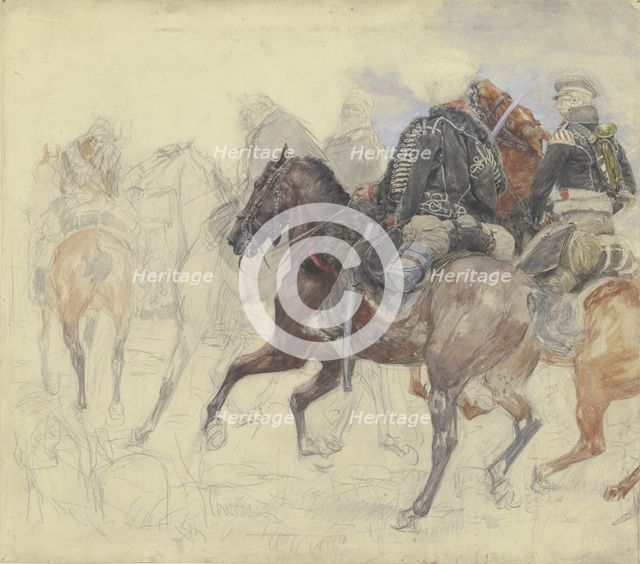 Five hussars on horseback, late 19th century. Creator: Wilhelm Altheim.
