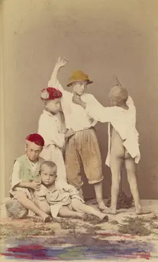 Five Italian street boys: two seated, three standing, 1865-1875. Creator: Arena & D'Alessandri