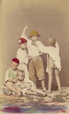 Five Italian street boys: two seated, three standing, 1865-1875. Creator: Arena & D'Alessandri