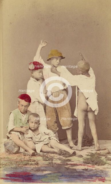 Five Italian street boys: two seated, three standing, 1865-1875. Creator: Arena & D'Alessandri.