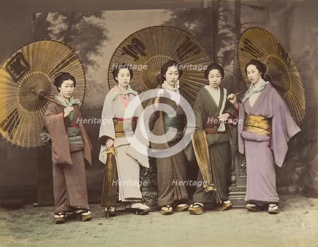 [Five Japanese Women in Traditional Dress with Parasols], 1870s. Creator: Unknown.