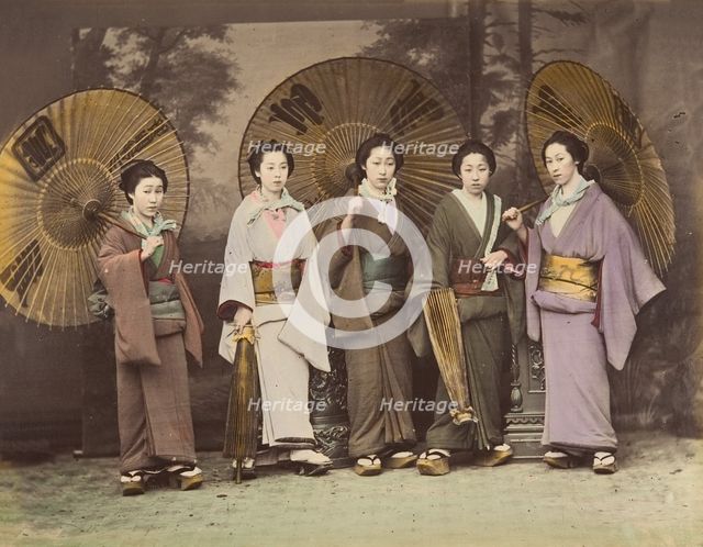 [Five Japanese Women in Traditional Dress with Parasols], 1870s. Creator: Unknown.